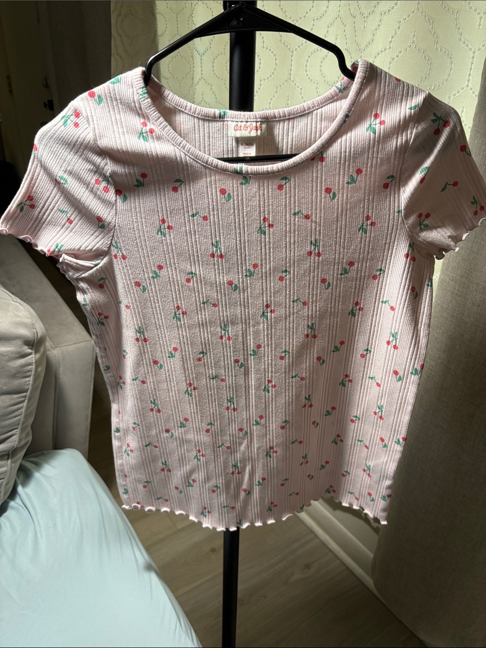 Cat & Jack Light Pink Ribbed Tee with Cherry Motif